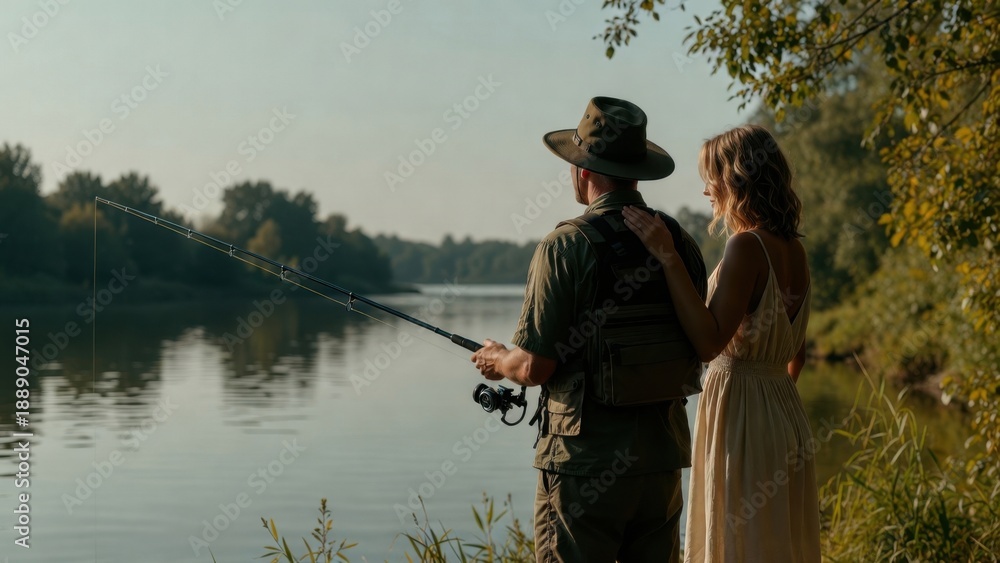 Obraz premium Caucasian male and female adults fishing by riverside at sunset.