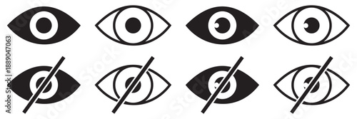 Eye Visibility and Privacy Icon Set – Show and Hide Eye Symbols, Flat and Line 
UI Vector Collection