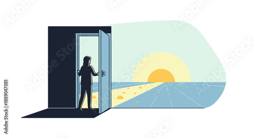 Man Standing at Open Doorway Looking Out at Ocean Sunrise