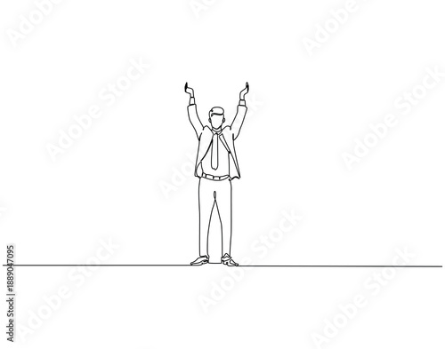 Continuous one line drawing of businessman raising hands up. One line drawing illustration of man raising hand. business success concept single line. Editable outline