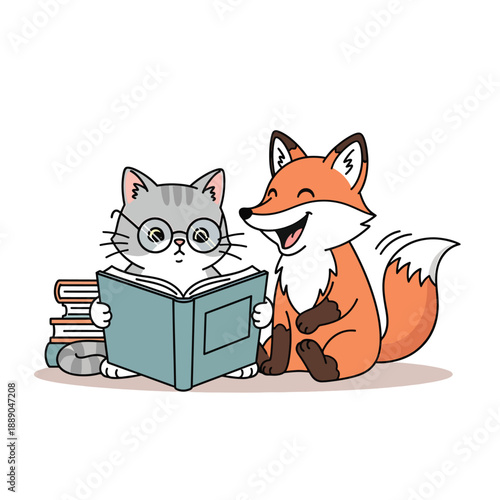 Cat and Fox Reading Together