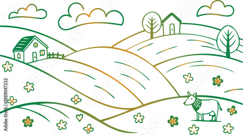 Charming cartoonstyle rural landscape illustration with rolling hills quaint houses trees clouds flowers and a cow in a minimalist outline drawing style