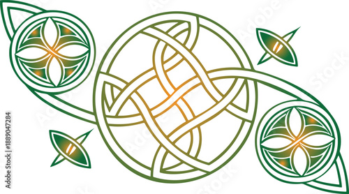 Intricate Celtic knotwork design with interwoven circles and floral motifs in green and orange gradient isolated on transparent background graphic