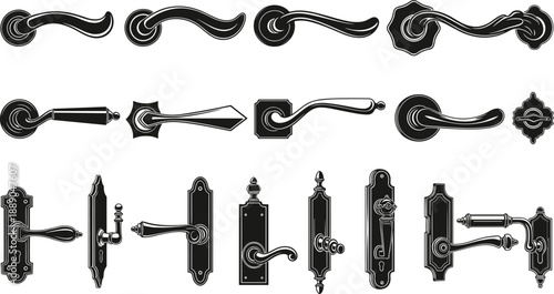 Vintage door handle vector set, classic ornate hardware silhouettes for interior design, architecture projects, restoration themes, luxury home decor illustration