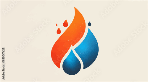 Abstract graphic icon of a dynamic orange flame and blue water drop, symbolizing natural elements, energy, and balance.