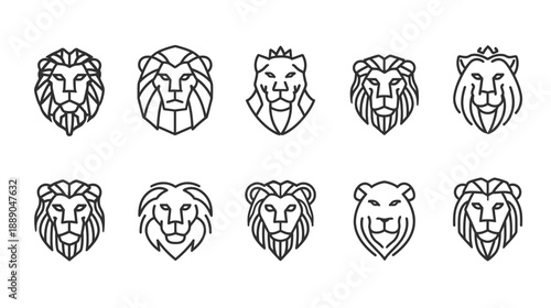 Lion Head Line Art Icons Collection. Modern Vector Symbols for Strength, Courage, Leadership. Minimalist Animal Emblem Set.