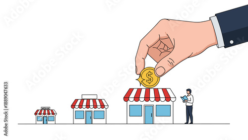 Large hand placing a gold dollar coin into the largest of three storefronts to symbolize business growth and expansion.