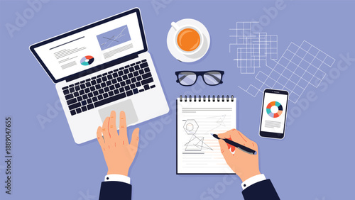 Flat lay workspace with laptop, coffee, glasses, notebook, and smartphone showing financial charts for creative work.