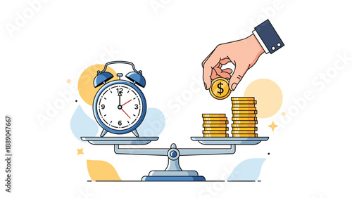 Justice scale balancing an alarm clock and stacks of gold coins to illustrate the concept of time is money and productivity.