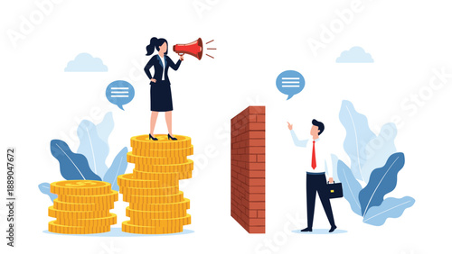 Businesswoman on a high stack of coins speaking through a megaphone over a wall to a businessman representing pay gap.