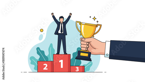 Proud businessman on a winner podium with trophy held by a large hand to represent corporate recognition and achievement.