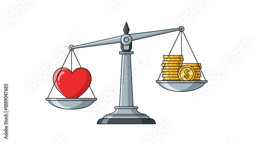 Justice scale balancing a red heart and stacks of gold coins to illustrate the struggle between love and money or life values.