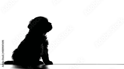 Adorable puppy silhouette sitting on clean white background, small dog looking up, cute pet studio portrait