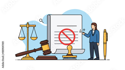 Woman stands next to a legal document with a red prohibition sign, a gavel, and scales to represent a new law, court ruling, or legal restriction.