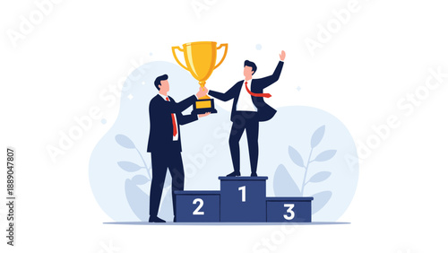 Two business partners stand on a winner podium and hold a gold trophy together to celebrate their shared victory and successful team achievement.