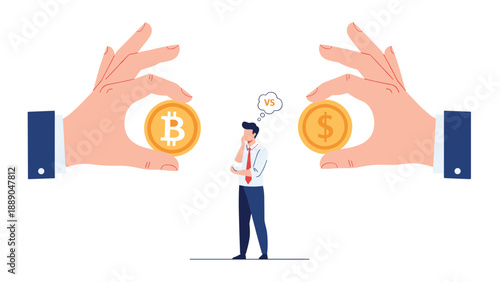 Businessman deciding between investing in bitcoin or fiat dollar currency while giant hands hold the gold coins.