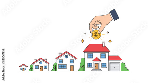 Hand places a golden dollar coin on top of the largest house in a row of growing properties to represent real estate investment and housing market.