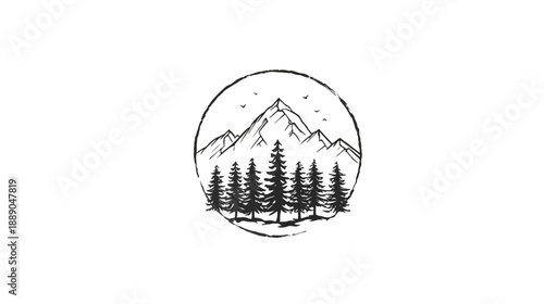 Rustic hand-drawn mountain and pine forest illustration in a circular frame. Black and white nature landscape sketch for outdoor themes.