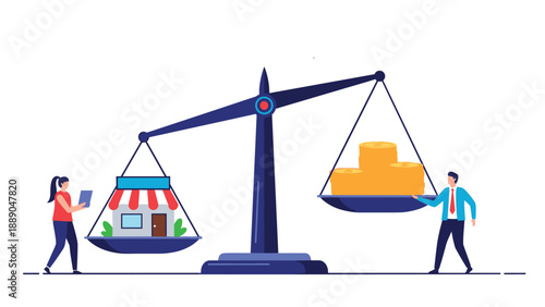 Balancing business success by comparing a small local shop against a stack of gold coins on a justice scale tool.