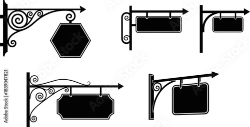 Vintage hanging sign silhouettes vector illustration set, ornamental shop signboard brackets collection, decorative business signage icons isolated on white background