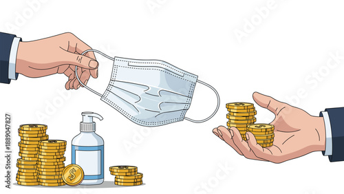 Exchange of a medical face mask for golden coins during a global pandemic crisis with hand sanitizer bottle nearby.