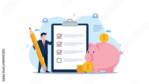 Professional businessman checking off tasks on a large clipboard with a pencil next to a pink piggy bank for savings.