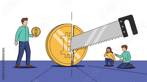 Large golden bitcoin coin being cut in half with a hand saw as people watch the splitting of valuable digital assets.