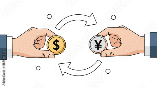 International currency exchange between hands holding a US dollar coin and a Japanese yen or a Chinese yuan coin.