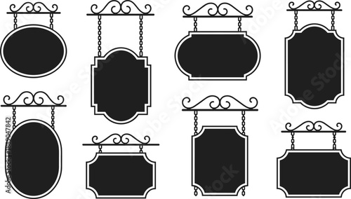 Vintage hanging signboard vector illustration set, decorative retro metal signs, blank shop sign templates, ornate frame design for business and store branding