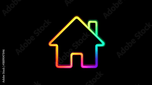 Vibrant rainbow neon house icon glowing against a dark black background, representing home, property, or website navigation.