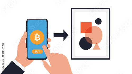 Hand using a smartphone with a bitcoin buy button to purchase digital nft art displayed in a sleek modern frame.
