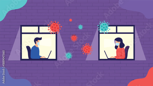 Two professionals working remotely on laptops from separate windows while viruses float in the air between them.