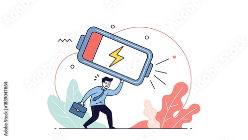 Tired businessman struggling to carry a large battery icon with a low charge symbol and red power indicator icon.