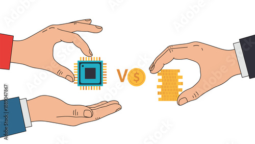 Hands comparing a modern computer chip processor against stacks of gold coins for high technology investment.