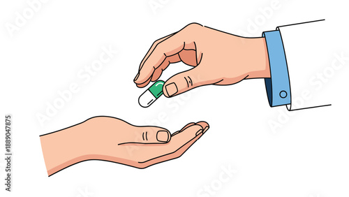 Medical doctor hand giving a green and white capsule pill to a patient for healthcare treatment and pain relief.