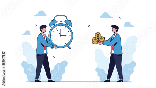 Two businessmen exchanging a large blue alarm clock for a stack of gold dollar coins to represent true time value.