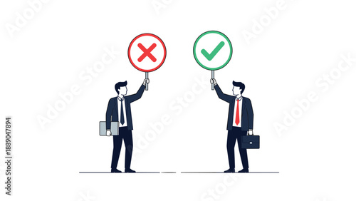 Two business professional men holding signs with a green checkmark and a red cross to indicate approval status.