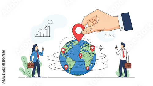 Large hand placing a red location pin on a globe while business people stand nearby for a global expansion plan.
