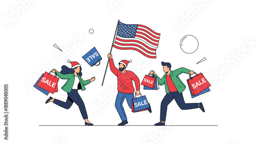 Excited shoppers running with bags next to a person holding an American flag representing consumerism and Black Friday holiday sales events.