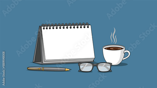 Desk setup with a blank spiral calendar pen glasses and a steaming cup of coffee representing office work planning and morning productivity.