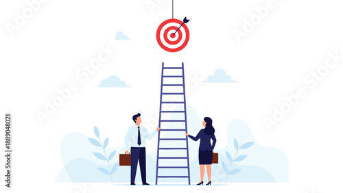 Business professionals standing at the base of a high ladder leading to a target representing career ambition and long term corporate goals.