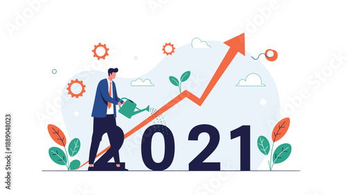 Businessman watering a small plant on a rising growth arrow above the year 2021 representing financial recovery and business development strategies.