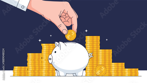 Hand putting a gold coin into a white piggy bank with stacks of coins in the background representing personal savings and financial planning.