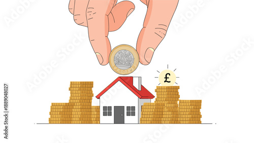 Hand putting a pound coin into a house model bank next to stacks of coins representing UK property investment and saving for a home mortgage.
