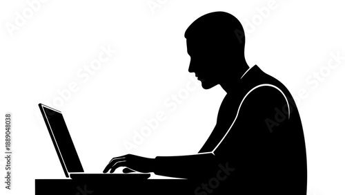 Man Working on Laptop Silhouette Vector Illustration | Business Professional Typing on Computer, Black and White Graphic Icon