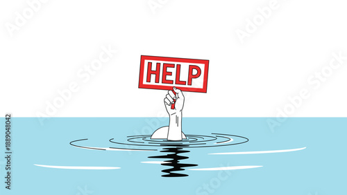 Hand reaching out of water with a help sign representing financial distress and the urgent need for economic assistance in a difficult time.
