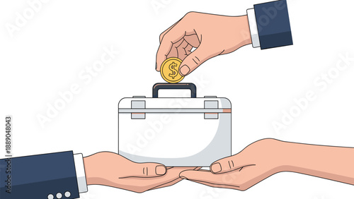 Giant hand putting a coin into a briefcase being held by two hands representing business funding and capital investment in a new venture.