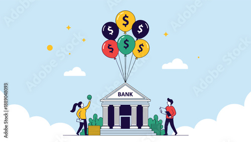 Two people near a classic bank building with dollar sign balloons floating above representing financial services growth and rising interest rates.