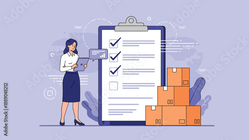 Professional businesswoman checking a task list on a digital tablet next to a large clipboard with checkmarks and stacked cardboard boxes.