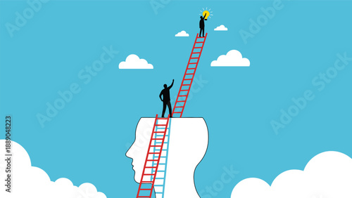 Silhouettes of people climbing red ladders on top of a giant human head to reach a bright glowing light bulb representing creative ideas.